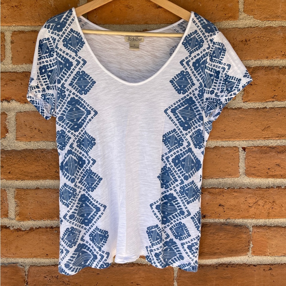 Lucky Brand Live in Love Blue and White V-neck T-Shirt size M